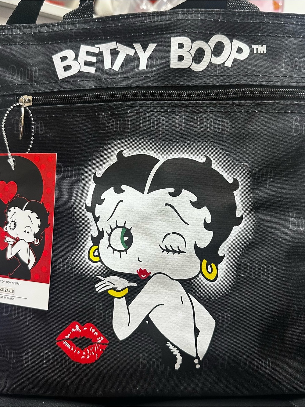 Betty Boop Black Tote with Red Kiss and Yellow Earrings